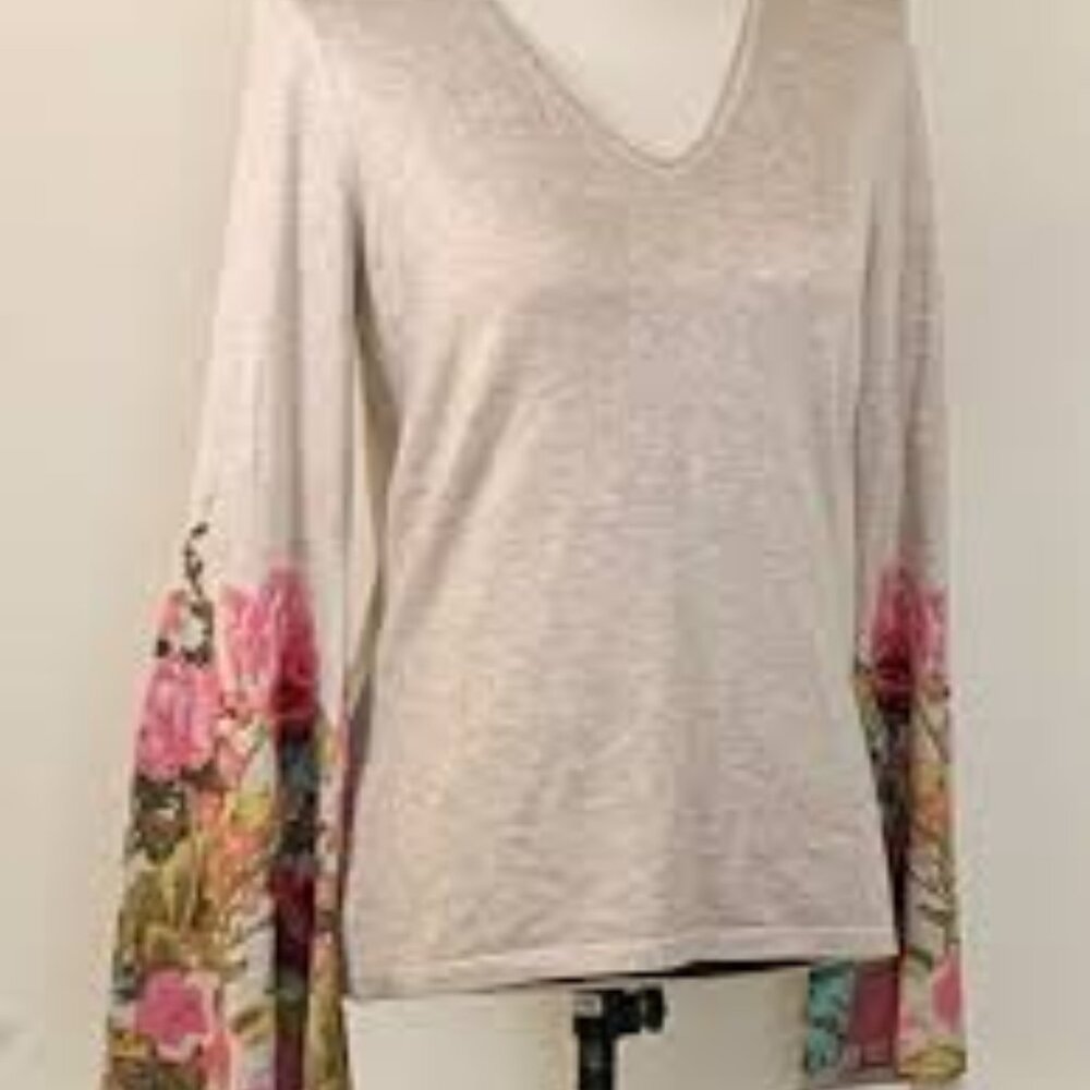 INC International Concepts Beige Top with Floral Sleeves